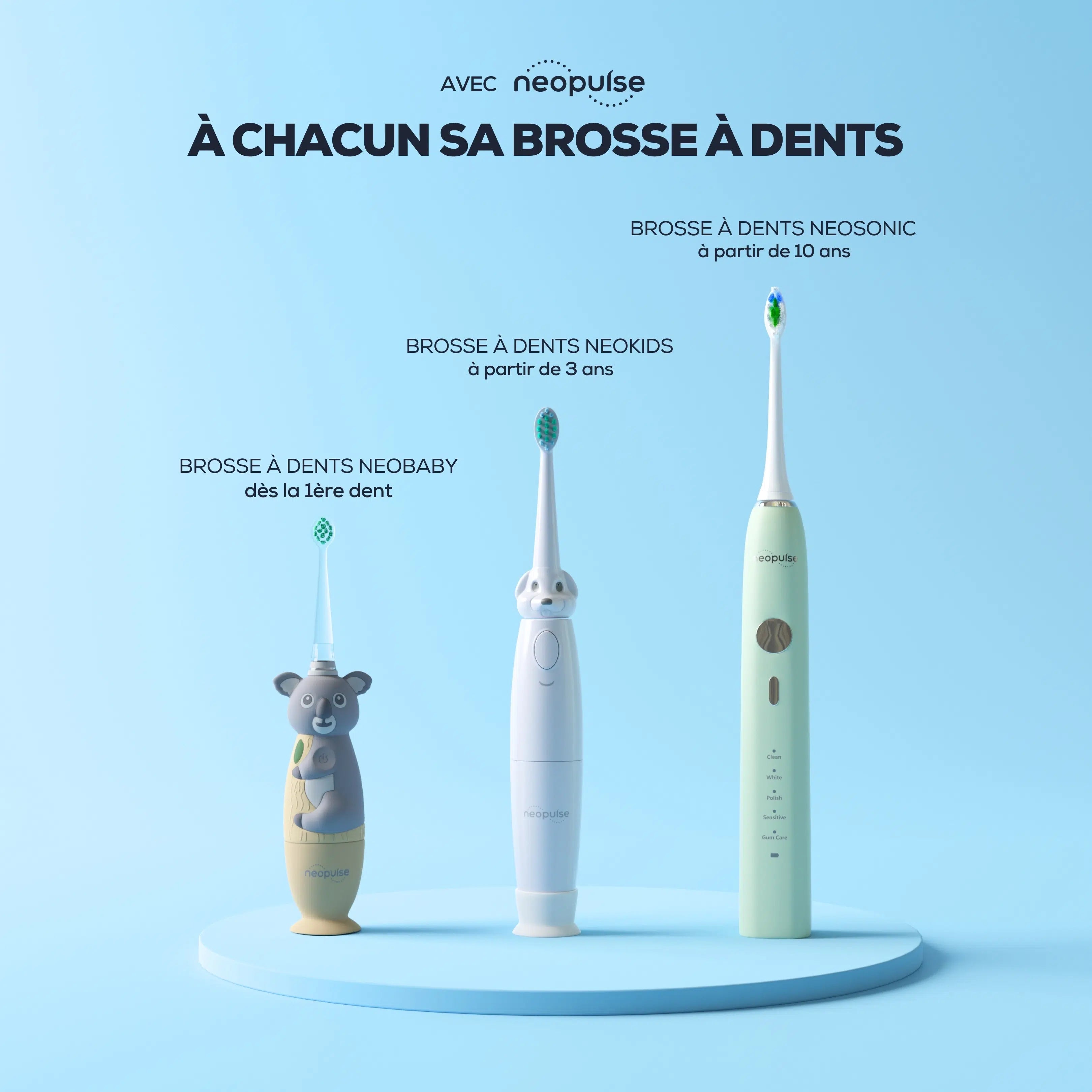 La brosse à dents électrique NEOSONIC de la marque NEOPULSE complète une gamme de brosses à dents adaptées à tous les membres de la famille.