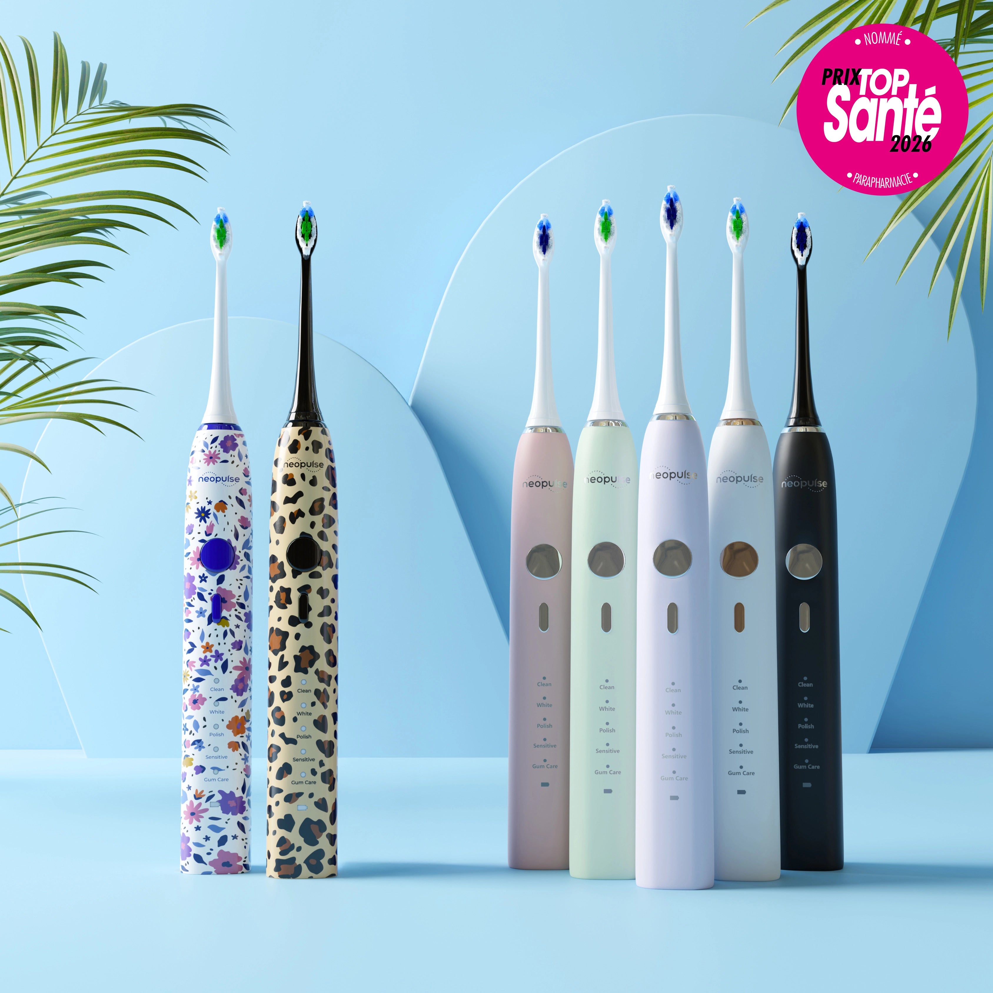 Les brosses à dents électriques NEOSONIC de la marque NEOPULSE, 5 de couleur unie et 2 avec des motifs innovants.