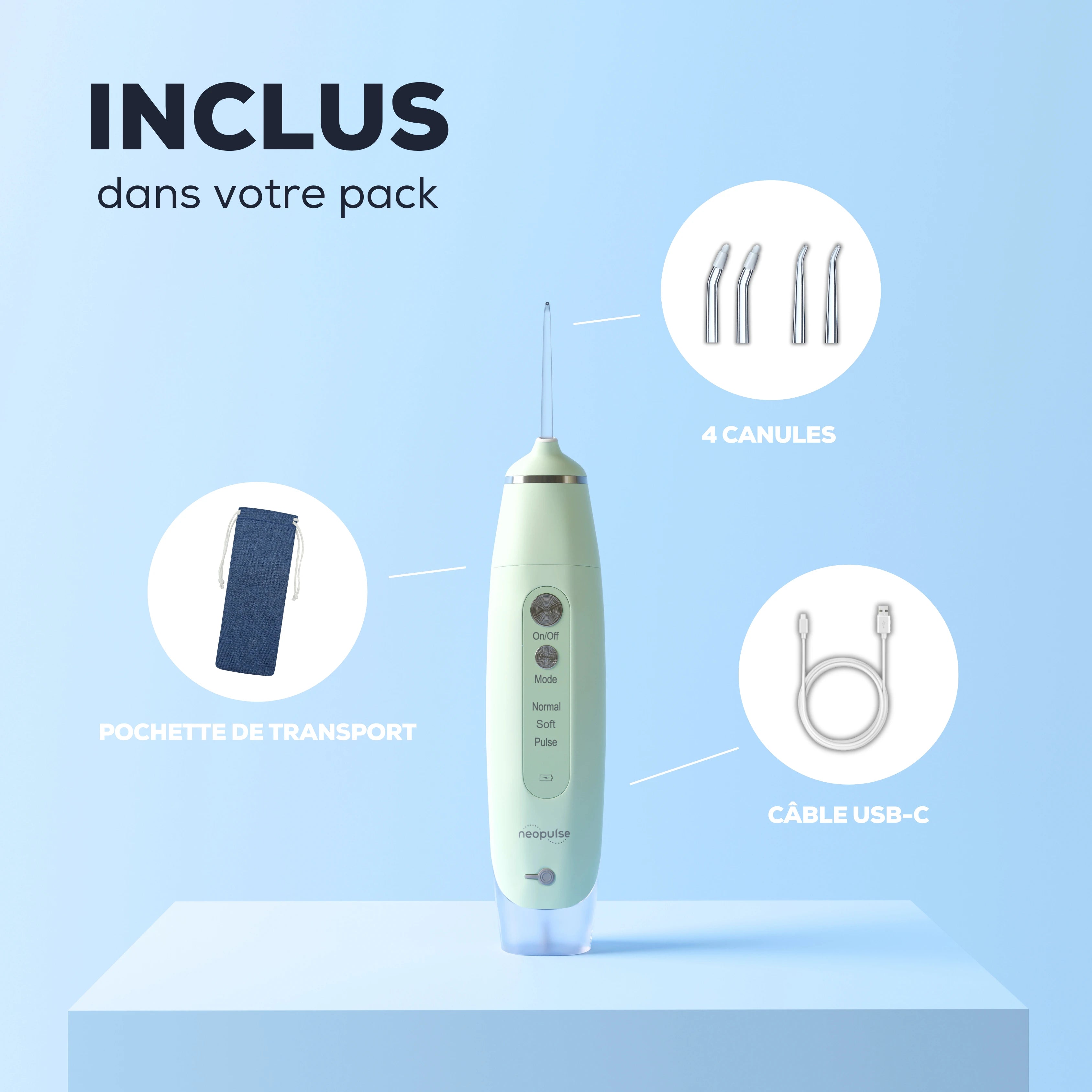 Le jet dentaire MY FIRST de la marque NEOPULSE est livré avec 2 canules classiques, 2 canules orthodontiques, une pochette de transport et 1 câble USB-C.
