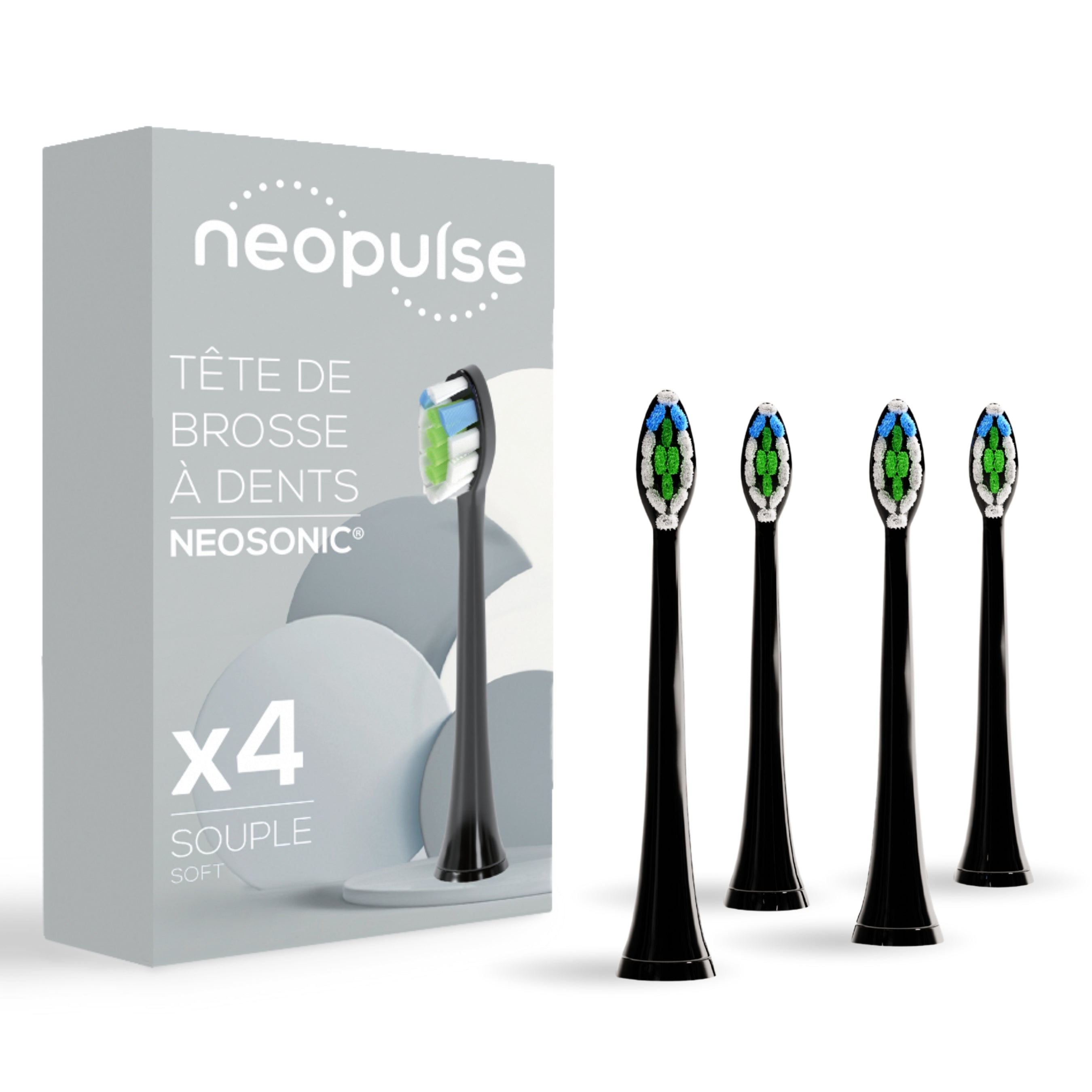 Pack de 4 têtes de brosse souples NEOPULSE noires compatibles avec les brosses à dents NEOSONIC
