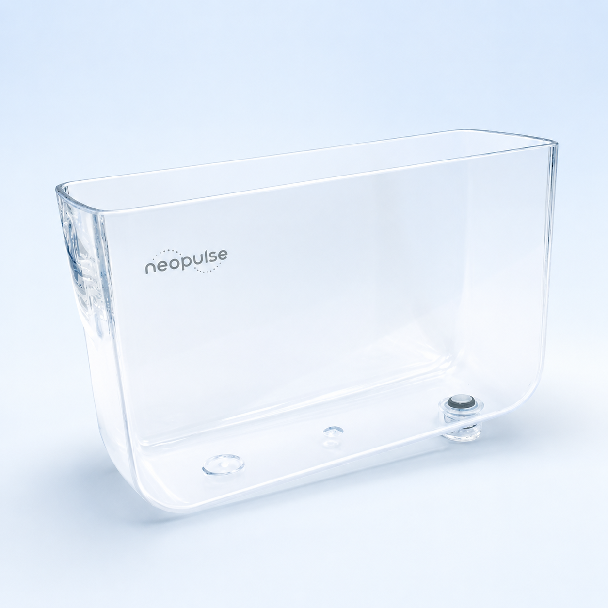 Réservoir transparent NEOPULSE pour jet dentaire NP1 avec logo discret sur fond bleu clair