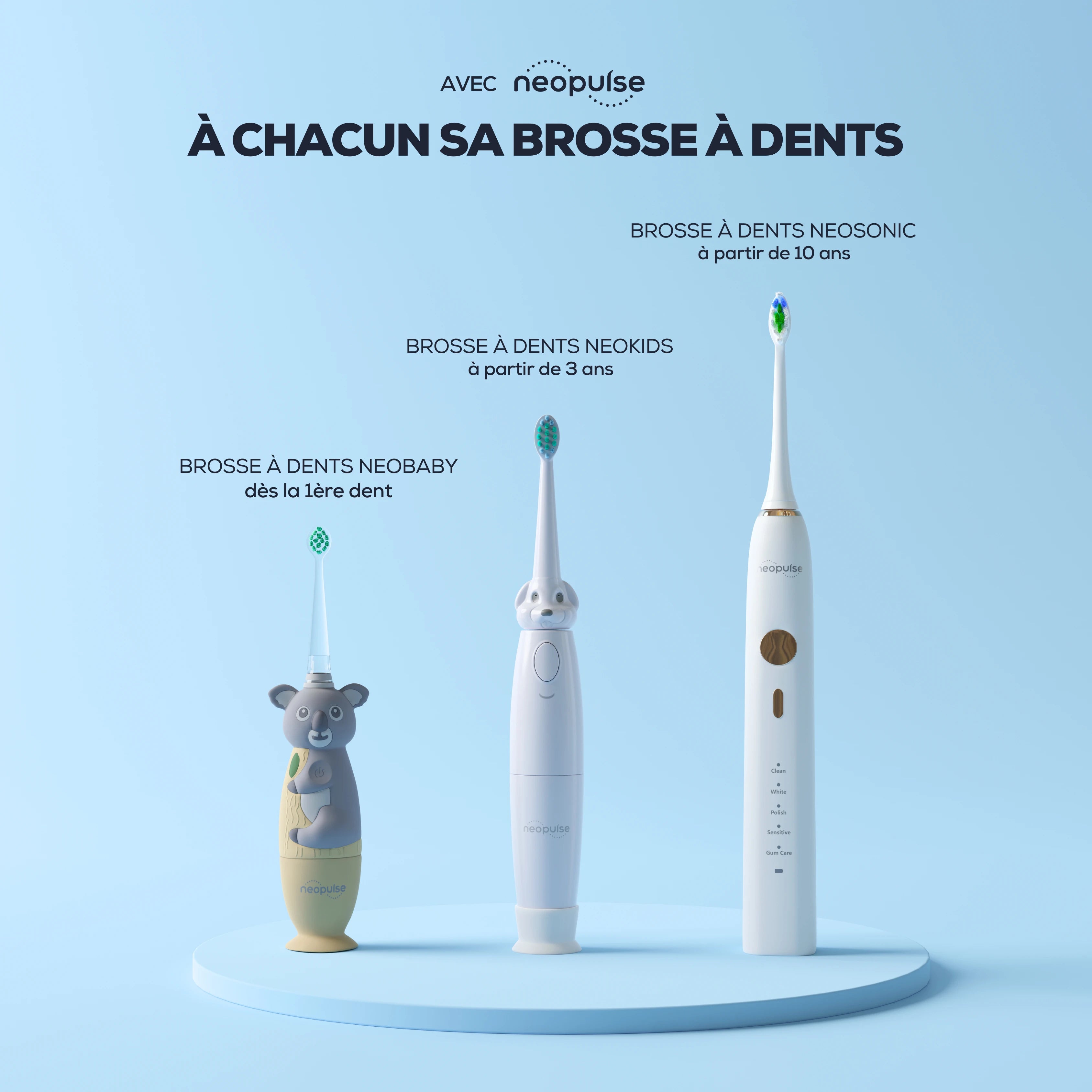 La brosse à dents pour bébé NEOBABY de la marque NEOPULSE complète une gamme de brosses à dents adaptées à tous les âges
