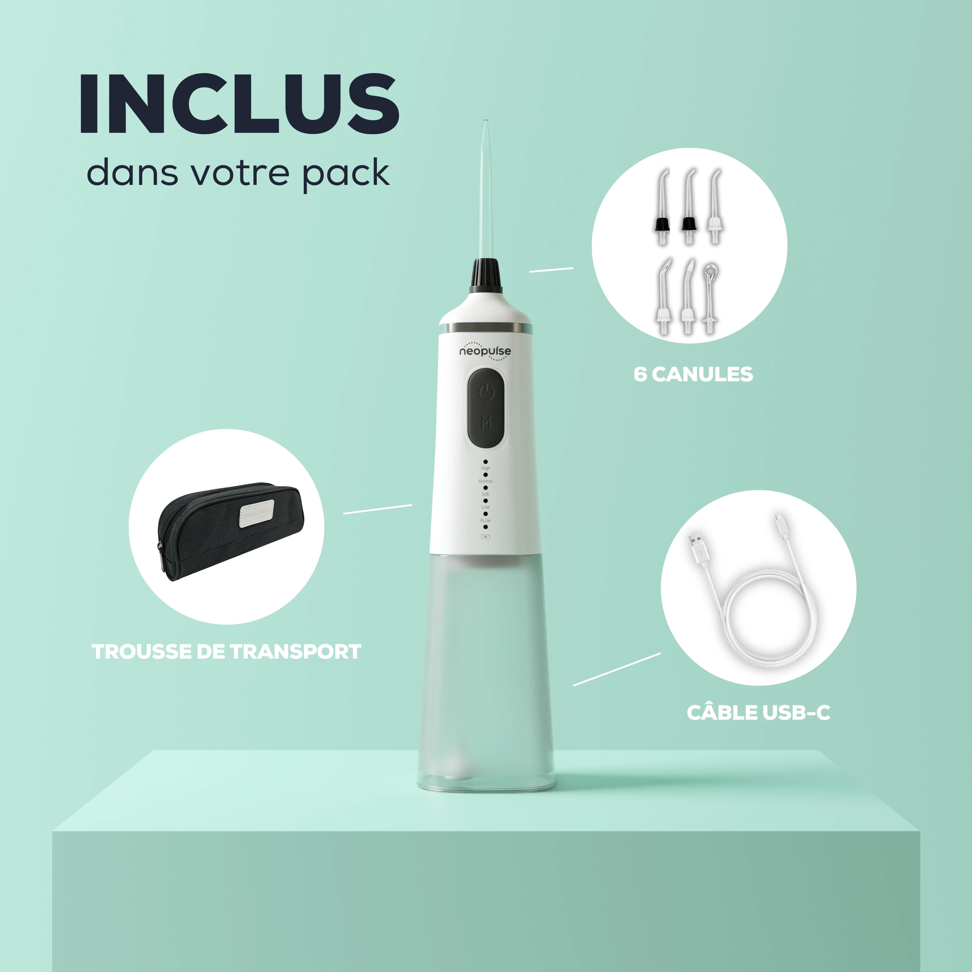 Avec le jet dentaire EASY de la marque NEOPULSE, sont fournis 6 canules, 1 réservoir de 160 ml, 1 trousse de transport et 1 câble USB-C.